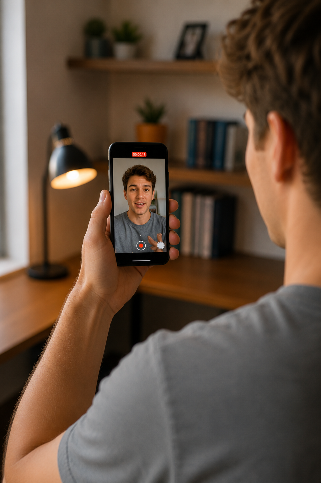 A man recording a personal video testimony on his phone at his desk